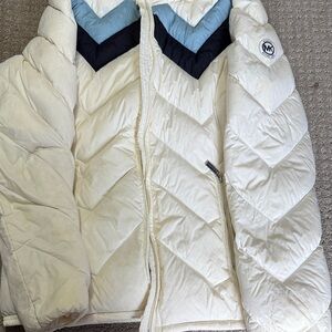 Michael Kors Cream and Blue Chevron Puffer Coat